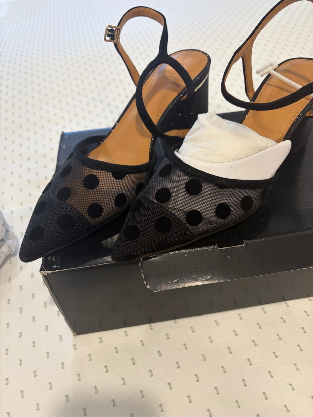 J. Crew Black Polka Dot Mesh Pointed-Toe Slingback Heels